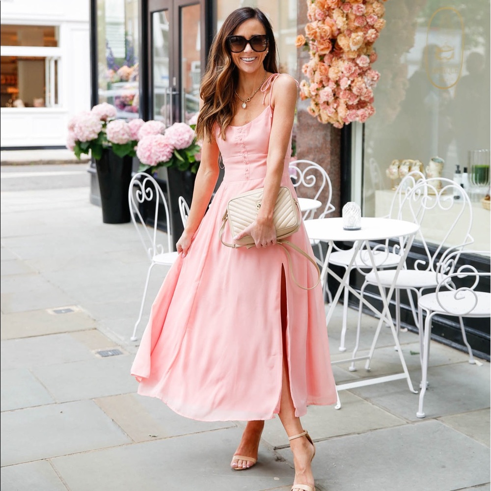 Pink slit-hem midi dress with cute tie straps from Abercrombie
